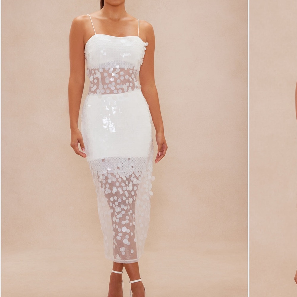 Fashion Nova White Sequin Tia Sheer Panel Maxi Dress